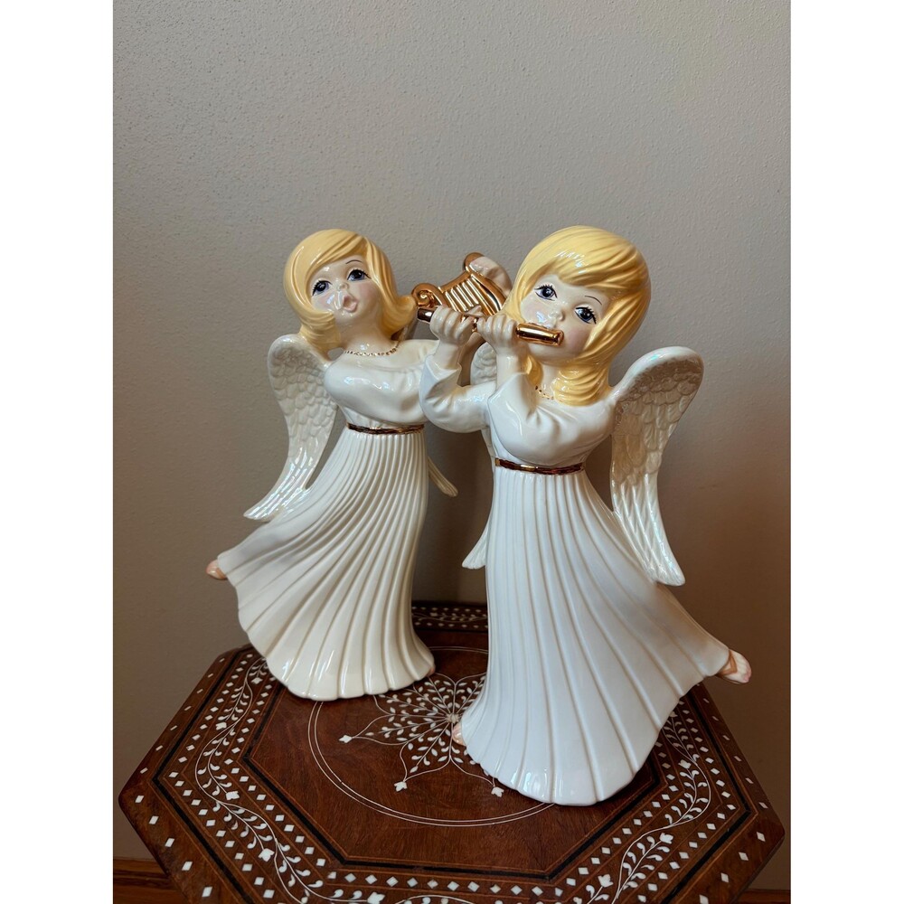 Vintage Atlantic Mold 12” Ceramic Angel Pair With Harp And Flute